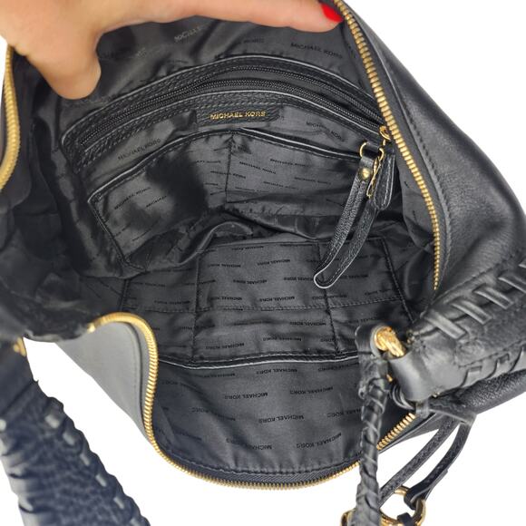 Michael Kors Handbag Purse Black Leather Gold Tassel Fringe Crescent Shoulder - Picture 7 of 13